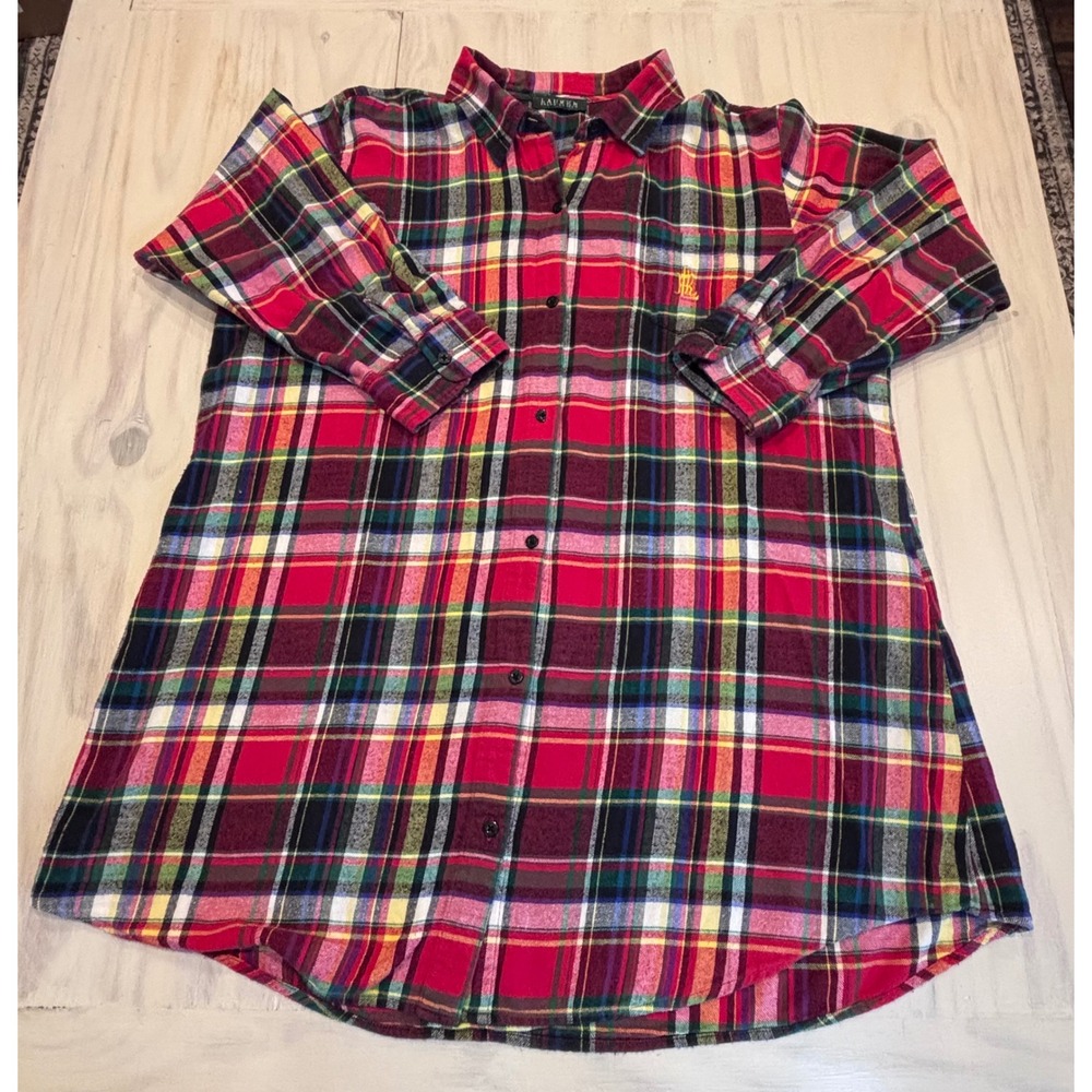 Lauren Ralph Lauren Plaid Flannel Button Down PJ Shirt Women XL Embroidered Logo